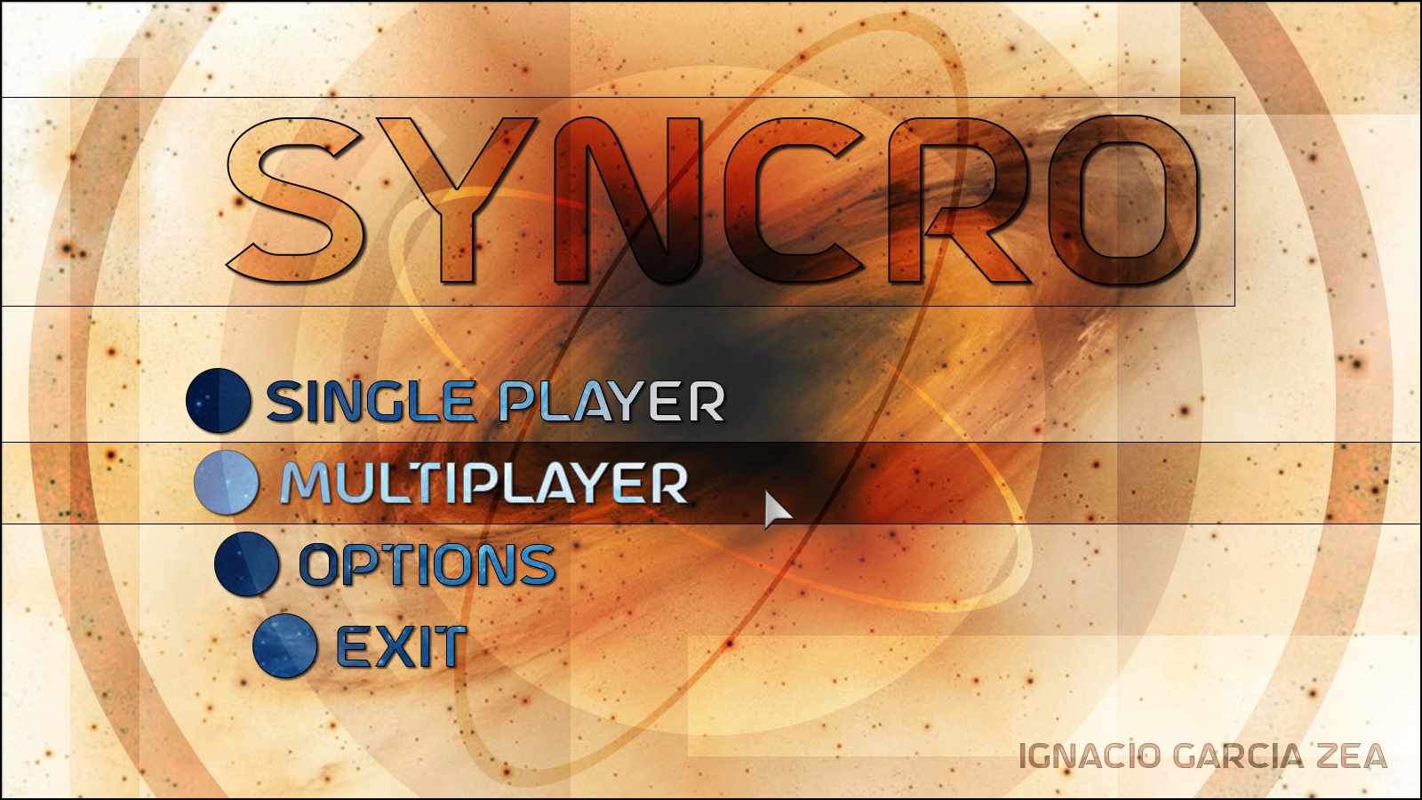 The original Syncro main menu concept, with an inverted galaxy background